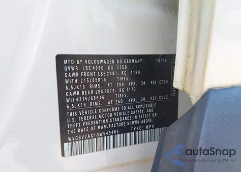 2016 Volkswagen Tiguan S из США, поврежденный, VIN WVGBV7AX1GW549465